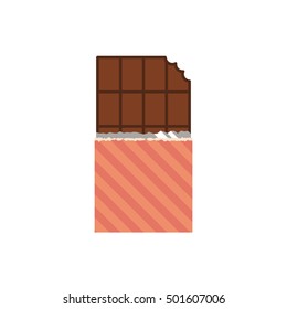 Vector isolated image of chocolate on white background in flat style. Icon sweets. Symbol with torn label. Chocolate bar in modern minimal design. Milk cocoa product. Tasty dessert. EPS 10 GPEG.Bitten