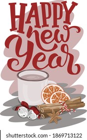 Vektorgrafik einzeln eines Weihnachtsglases mit Kakao neben dem Zimt, orangefarbene Scheiben, Anis und zwei Glocken mit einem roten Band und der Text glücklich neues Jahr liegt. Neujahr und Weihnachtshintergrund 