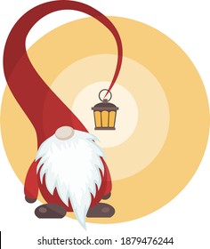 vector isolated image of a Christmas gnome in a big red cap,at the end of which a lantern hangs and illuminates everything around.for printing on greeting cards,New Year's decor and Christmas textiles