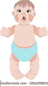 vector isolated image of a chubby toddler in blue panties with big surprised eyes and an open mouth on a white background. beautiful baby for printing on postcards, websites and baby product logos.