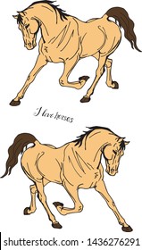 vector isolated image of color drawn by two running horses on a white background and lettering