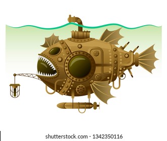 Vector isolated image of the complex fantastic submarine in the form of fish with machinery, equipment and armament. Steampunk design submarine