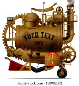 Vector isolated image of the complex fantastic machine with steam boiler, gears, levers, pipes, meters, furnace and flue. Steampunk style design