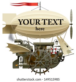 Vector isolated image of the complex fantastic flying ship with machinery, dirigible, sail, wings, water-wheel, spyglass and other equipment. Steampunk style design