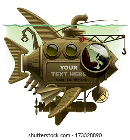 Vector isolated image of the complex fantastic submarine in the form of fish with machinery, equipment and armament. Steampunk design