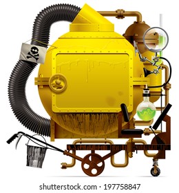 Vector isolated image of the complex fantastic machine with yellow round boiler, crimped pipe, chemical flask, sign, bucket, lens, equipment and armament. Steampunk style design