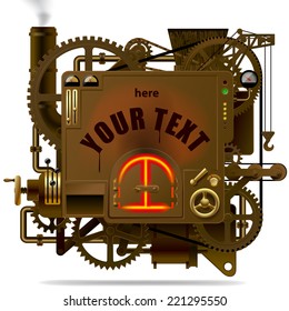 Vector isolated image of the complex fantastic machine with stove, gears, levers, pipes and other machinery. Symbol of industry, energy and power. Steampunk style banner