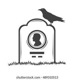 Vector isolated image of contour the grave gravestone monument depicting male profile. Headstone for print and web design funeral services. Burial and funeral . Crow, the raven