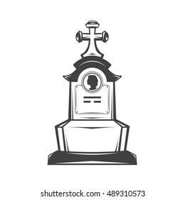 Vector isolated image of contour the grave gravestone monument depicting the profile of woman. Headstone for print and web design funeral services. Burial and funeral