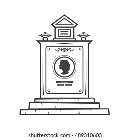 Vector isolated image of contour the grave gravestone monument depicting the profile of woman. Headstone for print and web design funeral services. Burial and funeral