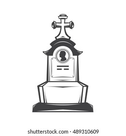Vector isolated image of contour the grave gravestone monument depicting male profile. Headstone for print and web design funeral services. Burial and funeral