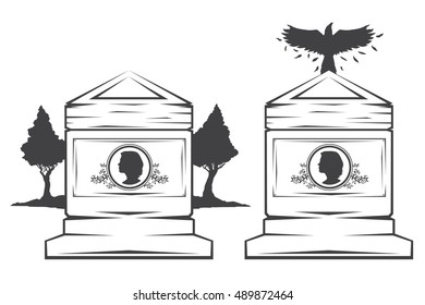 Vector isolated image of contour the grave gravestone monument depicting male profile. Headstone for print and web design funeral services. Burial and funeral . Crow, the raven.Pines tree.Lake or pond