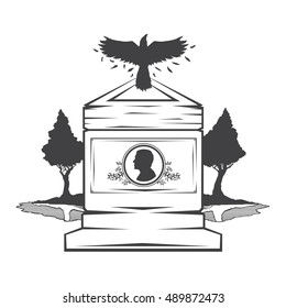 Vector isolated image of contour the grave gravestone monument depicting male profile. Headstone for print and web design funeral services. Burial and funeral . Crow, the raven.Pines tree.Lake or pond