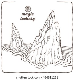 Vector isolated image of the contour of the iceberg. Northern landscape in the background of water and sky. Snow and ice. The magical beauty of nature. Cold ocean