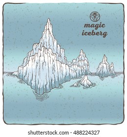 Vector isolated image of the contour of the iceberg. Northern landscape in the background of water and sky. Snow and ice. The magical beauty of nature. Cold ocean