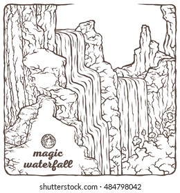 Vector isolated image of the contour of the waterfall. Mountain landscape in the background of nature and the sky. Water and stones. The magical beauty of nature.