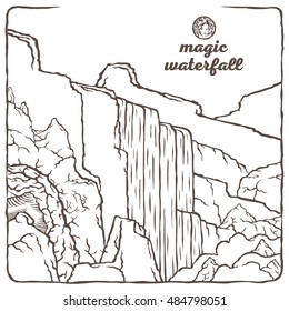 Vector isolated image of the contour of the waterfall. Mountain landscape in the background of nature and the sky. Water and stones. The magical beauty of nature.