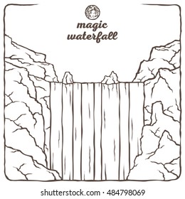 Vector isolated image of the contour of the waterfall. Mountain landscape in the background of nature and the sky. Water and stones. The magical beauty of nature.