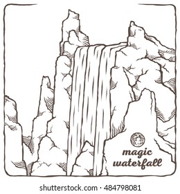 Vector isolated image of the contour of the waterfall. Mountain landscape in the background of nature and the sky. Water and stones. The magical beauty of nature.