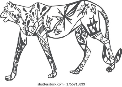 Vector isolated image of a cougar. Abstract style, handmade. Silhouette of an animal with patterns.