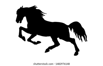 vector isolated image, drawing, black silhouette, galloping horse on white background.  
