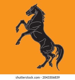vector isolated image, drawing, black silhouette, galloping horse on orange background