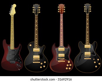 Vector isolated image of electric guitars on black background.