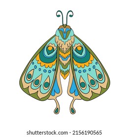 Vector isolated image of a fantasy insect that looks like a moth. Illustration with patterns for print and web.