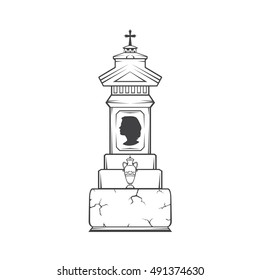 Vector isolated image of a female obelisk grave headstone. Silhouette of a female head profile. Vase with ashes.