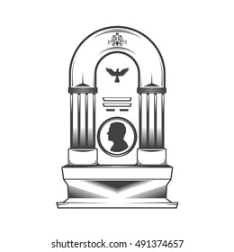 Vector isolated image of a female obelisk grave headstone. Silhouette of a female head profile. Cross pattern and silhouette symbol dove bird.