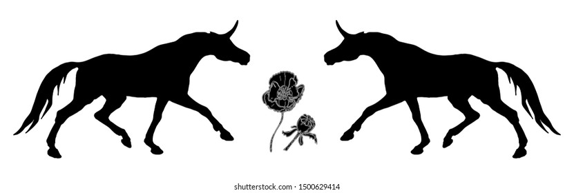 vector isolated image of the figure, the black silhouettes of two running unicorns on a white background and poppy flowers
