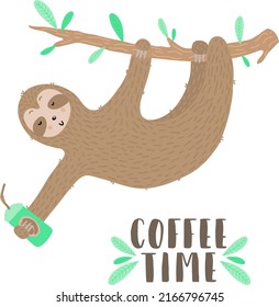 Vector isolated image of a funny sloth. Hand-drawn cartoon illustration for children, tropical summer, holiday, card, banner, print, poster, sleep. Coffee time