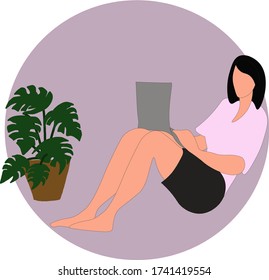 Vector isolated image of a girl working on a laptop at home on freelance. A flower in a pot, a monstera is also an isolated image. It is possible to separate elements and scale. Vector flat style. 