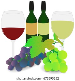 Vector, isolated image of glasses with white and red wine, a bunch of blue and green grapes and a bottle of wine.