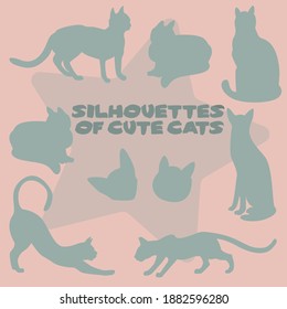 vector isolated image of green silhouettes on a pink background.cute cats,kitty,kitten.clipart, sign icon, label, symbol, logo, print, sticker.