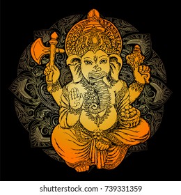 vector isolated image of Hindu lord Ganesh. Ganesh Puja. Ganesh Chaturthi. It is used for postcards, prints, textiles, tattoo.