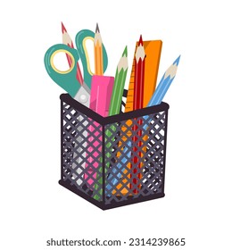Vector isolated image of a holder with school stationery on a white background. School and office illustrations, school design, sticker design, web elements. Suitable for posters, banners.