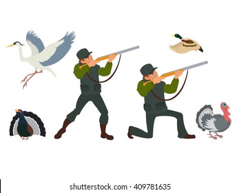 Vector isolated image of the hunter with a gun and birds. wild birds which are hunted.