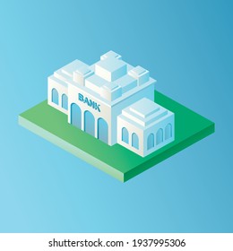 Vector isolated image in isometric style. Volumetric bank building, architecture and the concept of a modern city. Design decorative elements on the theme of modern life.