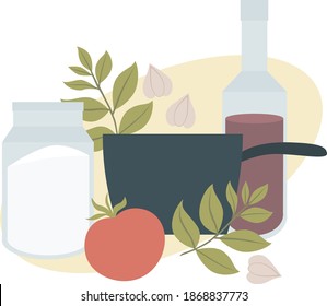 vector isolated image of kitchen utensils and vegetables for cooking. wine, garlic, cereals, salt, bay leaf, jar and saucepan. for culinary sites and cookbooks