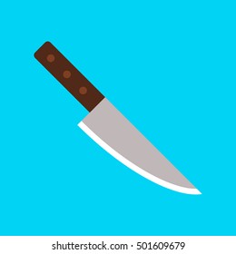 Vector isolated image of knife on blue background in a flat style. Icon utensils. Logo cooking of knife. Blade in simple design. For cooking, cut, butchering. Cutlery. Knife chef. Kitchen symbol. EPS