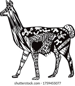 Vector isolated image of a llama. Abstract style, handmade. Silhouette of an animal with patterns.