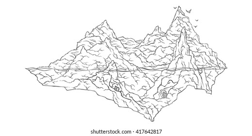 Vector isolated image of a lost island. Outline image of forests and rocks distant island. The waves beat against the rocks.