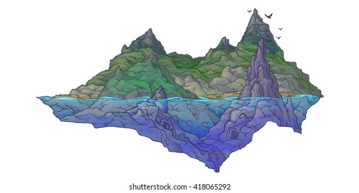 Vector isolated image of a lost island. Color image of forests and rocks distant island. The waves beat against the rocks.