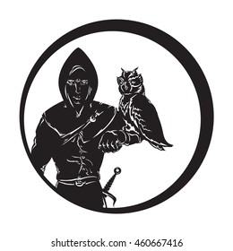 Vector isolated image of a medieval huntsmen in hoodie and a dagger on his arm sits an owl