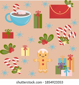 vector isolated image of new year and christmas symbols. cup with cocoa and marshmallows, gingerbread man, letter, gifts, sweets. for printing on holiday cards.