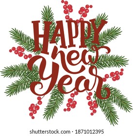 vector isolated image of New Year and Christmas decoration consisting of a Christmas wreath with green needles and red berries in the center of which the red text happy new year. for printing 