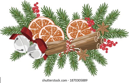 vector isolated image of New Year's Christmas wreath of green spruce branches with bells, orange slices, red berries, cinnamon, anise. christmas decor for congratulations