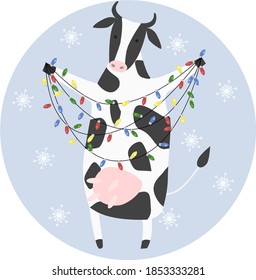 vector isolated image on a white background of the festive symbol of the new year of a cow standing on its hind legs and holding an electric multicolored garland to decorate the Christmas tree.