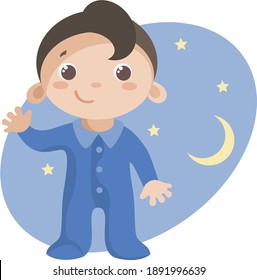 imagen vectorial aislada sobre el fondo blanco de un niño en pijama azul contra un cielo estrellado de noche azul, que está a punto de irse a la cama y ondear su mano sonriendo. preparar a un niño para dormir.